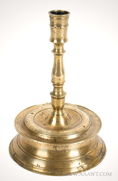 Antique Candlestick, Brass, Likely Venetian,
Mid 16th Century, Cast and Turned, Rare
Outwardly Flaring Banded Nozzle, Ring, Baluster and Urn Turned Shaft, entire view